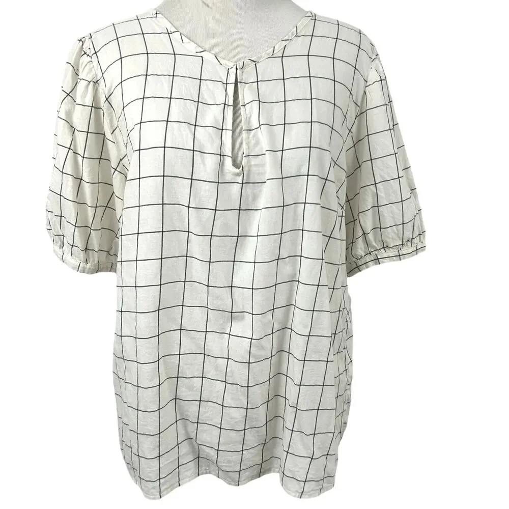 Old Navy Windowpane Grid Blouse Ivory Black Puff Sleeve Keyhole Top M